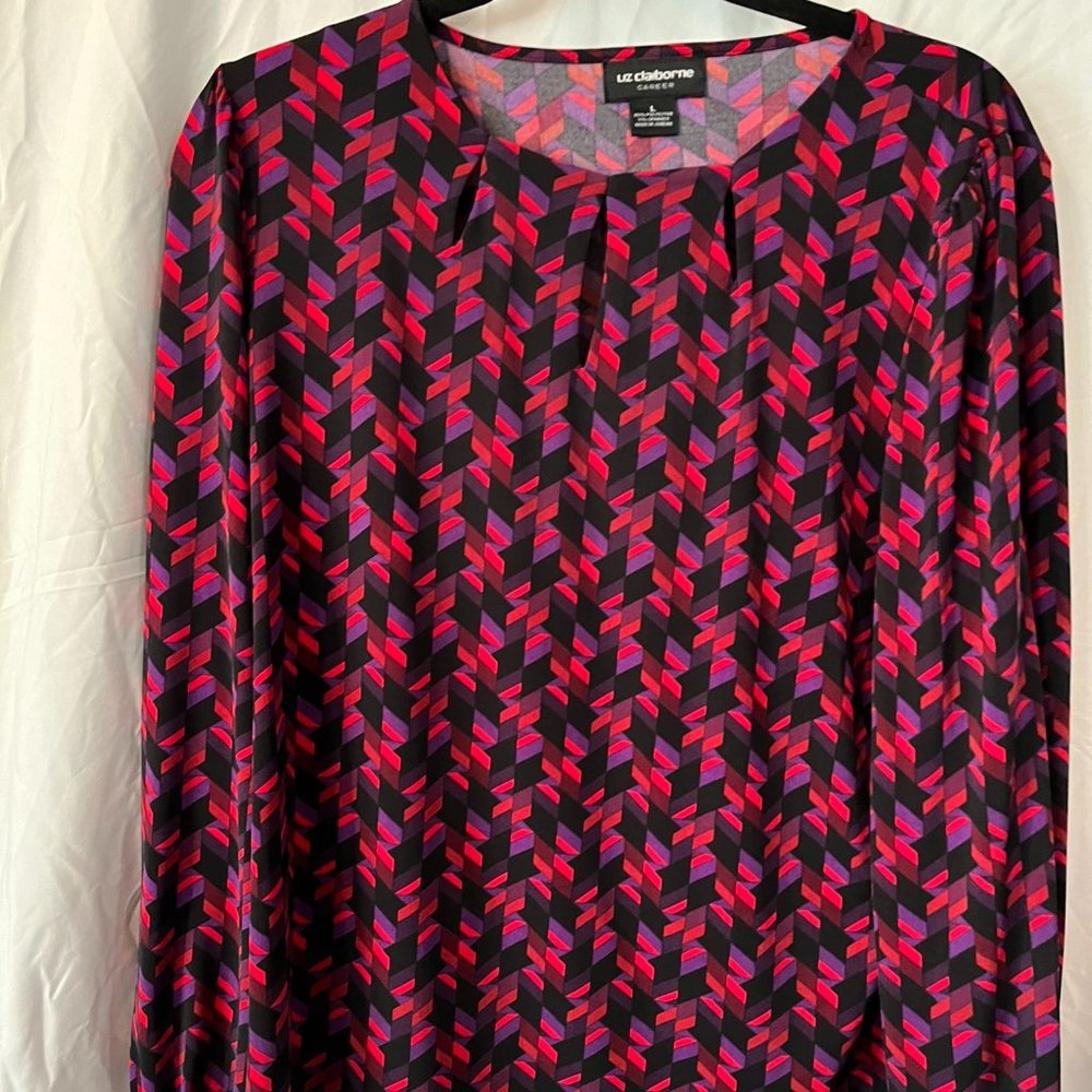 Liz Claiborne long sleeve, black/red/purple blouse, Sz L